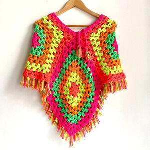 Vintage  Handmade Colourful Neon Colours Festival Poncho
